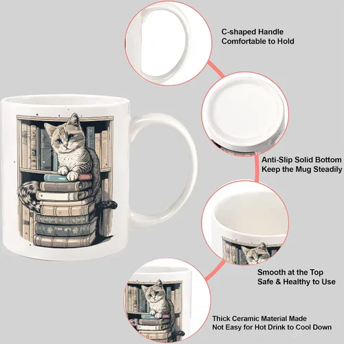 Miniatura 6 de Taza divertida para amantes de los gatos, tazas de biblioteca para amantes de los gatos y los libros, taza de libros y gatos, artículos