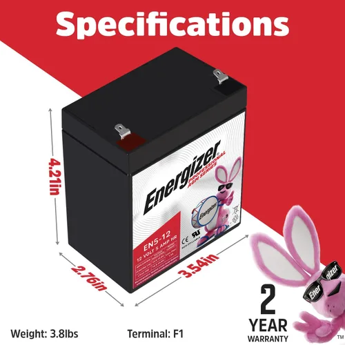 Miniatura 2 de Energizer EN5-12 - 2 unidades - 12 voltios 5 amp hr, batería recargable AGM de plomo ácido sellado de larga duración ideal para uso en puertas