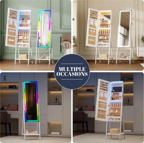 Miniatura 9 de LVSOMT Armario con espejo LED RGB para joyería, organizador de joyas de pie, espejo de cuerpo entero con almacenamiento de joyas, espejo de piso
