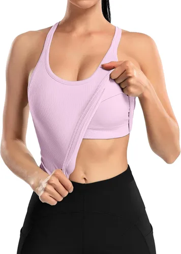 Miniatura 123 de ATTRACO Camiseta corta acanalada de entrenamiento para mujer con brasier integrado para yoga, espalda cruzada, ajuste ajustado