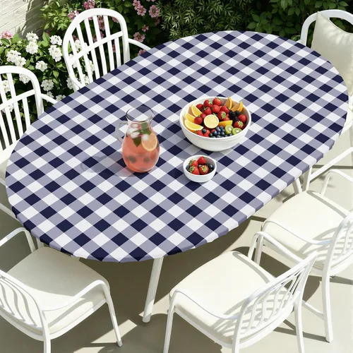 Miniatura 40 de Smiry - Mantel redondo de picnic de vinilo elástico impermeable con respaldo de franela, mantel de vinilo ajustable para mesas de 31-35 pulgadas