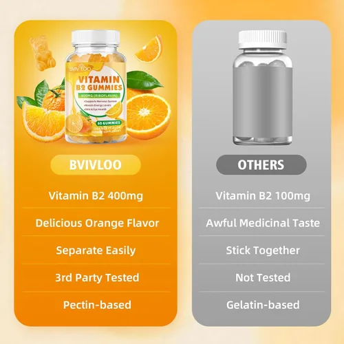 Miniatura 5 de Gomitas de vitamina B2 – Riboflavina de 400 mg para niños y adultos, alivio de la migraña y alivio del dolor de cabeza, veganas, sin azúcar, sabor
