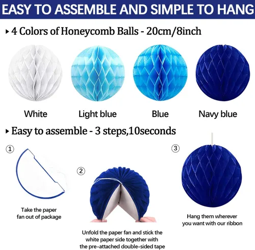Miniatura 5 de 23 piezas de decoraciones de fiesta de cumpleaños azules para niños y hombres, bola de panal azul marino real azul claro, abanicos de papel