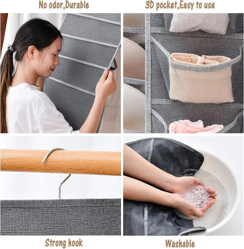 Miniatura 6 de AARAINBOW Organizador colgante de brasieres y calzones con bolsillos de malla, organizador de calcetines colgantes de doble cara para armario, bolsa
