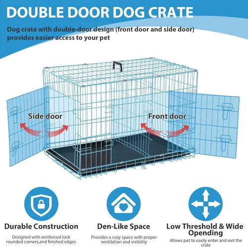 Miniatura 3 de Jaulas de 42 pulgadas para perros medianos, jaulas grandes para perros para viajes/interior/exterior, jaula plegable de metal con panel divisor, Azul