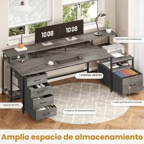 Miniatura 4 de SEDETA Escritorio para computadora de 75 pulgadas con 5 cajones, toma de corriente y luces LED, escritorio de oficina en casa con cajón de archivos