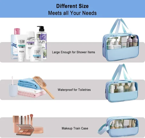 Miniatura 2 de Paquete de 3 bolsas de aseo de viaje impermeables, PVC transparente y organizador de maquillaje cosmético de poliuretano floral azul, aprobado por