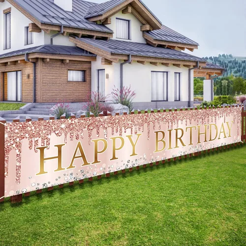 Cartel de feliz cumpleaños de oro rosa rosa, gran cartel de feliz cumpleaños para patio, suministros de fiesta para mujeres, decoración de