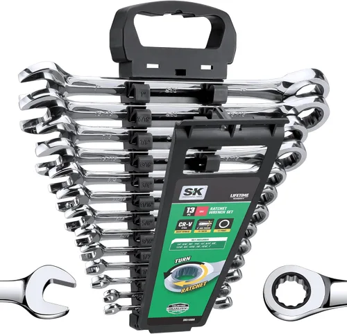 SK Juego de llaves de trinquete, juego de llaves combinadas, 13 piezas, SAE de 1/4 a 1 pulgada, 72 dientes, construcción CR-V premium, con