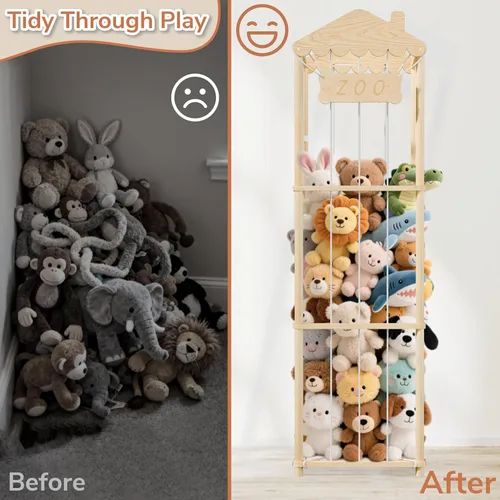 Miniatura 5 de AMBIRD Almacenamiento de animales de peluche, soporte de madera para zoológico, organizadores de juguetes grandes para niños, almacenamiento