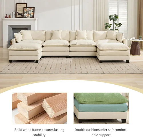 Miniatura 6 de Sofá seccional modular beige de 111.5", sofás seccionales grandes de 3 plazas para sala de estar, tela de chenilla marfil blanquecino, sofá nube