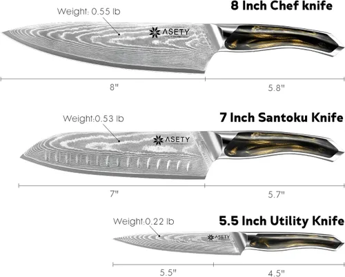 Miniatura 6 de Juego de cuchillos de Damasco 3 piezas: juego de cuchillos de chef profesional ultra afilados, cuchillos de cocina japoneses con núcleo de acero