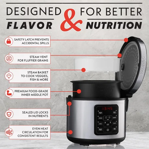 Miniatura 4 de Arrocera Gourmia – Capacidad de 3 Qt, 12 tazas cocidas, 6 tazas sin cocinar, controles digitales, cocedor de granos y vaporera, cesta de vapor