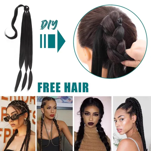 Miniatura 5 de EMMOR Extensión de cola de caballo larga trenzada con cabello lacio envolvente, extensiones de cabello sintético suave y saludable para mujeres