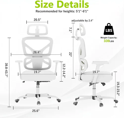 Miniatura 2 de Silla de oficina ergonómica de malla con soporte lumbar y reposacabezas, silla de computadora con respaldo alto con reposabrazos y bloqueo de Blanco