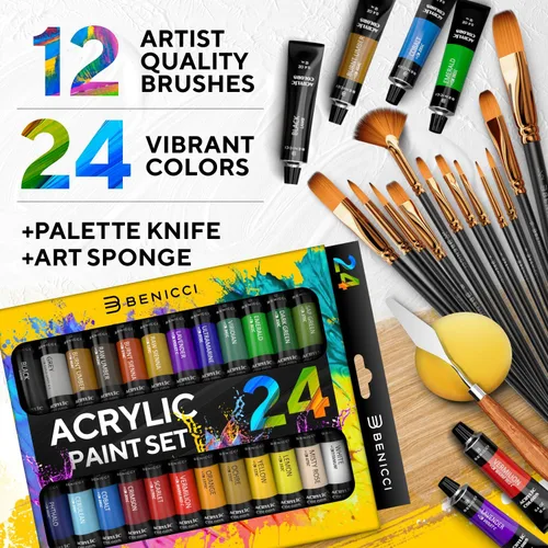 Miniatura 2 de Juego completo de pintura acrílica, 24 colores ricos en pigmentos, 12 pinceles de arte con cuchillo de pintura y esponja adicionales, para pintar