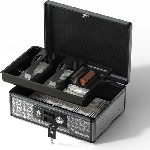 Glosen Caja de efectivo con cerradura, caja de dinero con cerradura de llave y bandeja extraíble para monedas de 8.85 x 5.3 x 11.8 pulgadas (negro,