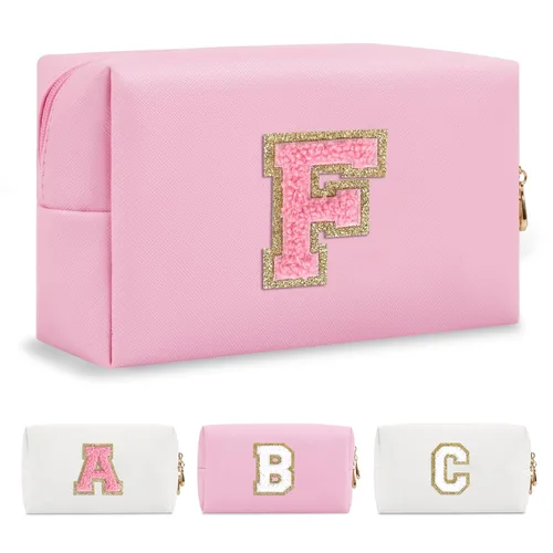 Miniatura 199 de Pequeña bolsa de maquillaje personalizada con inicial A-Z Preppy Patch, bolsa de cosméticos de viaje de felpilla blanca con cremallera, bonita bolsa