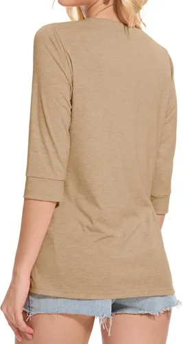 Miniatura 4 de Dimur Camisetas de manga 3/4 con cuello en V y botones para mujer, traje casual de negocios, camiseta básica de verano 2025