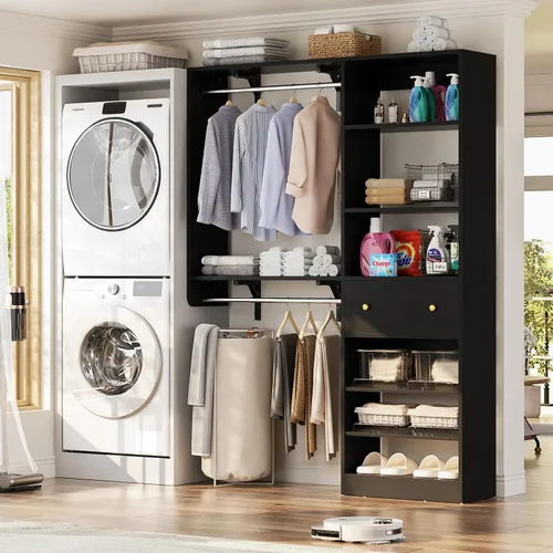 Miniatura 7 de Sistema de armario con cajón: sistema organizador reversible de madera de 5 pies con 2 varillas para colgar y estante ajustable, organizadores