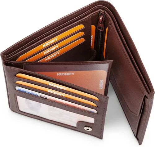 Miniatura 6 de KRONIFY Leather Wallet Men RFID Blocking Bifold & Trifold Genuine Leather 13 Card Slots Coin Pocket Gift Box Natural Dark Brown
