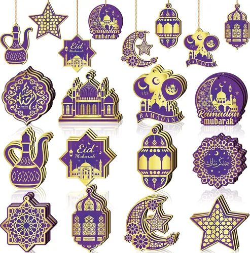 Panelee 36 adornos de Ramadán para árbol Eid Mubarak decoración colgante de madera de castillo, faroles de estrella, luna, decoración islámica para