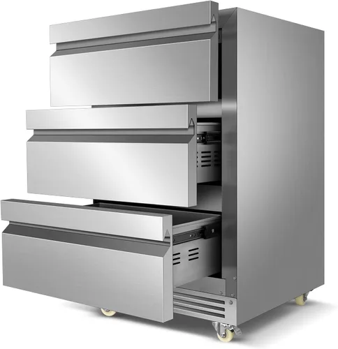 FoMup - Refrigerador bajo encimera de acero inoxidable con 3 cajones, refrigerador de bebidas para exterior con ruedas, diseño impermeable y control