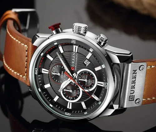 Miniatura 4 de Reloj deportivo con cronógrafo para hombre, correa de cuero marrón, reloj de cuarzo, reloj de pulsera casual para hombre, Completo negroacero.