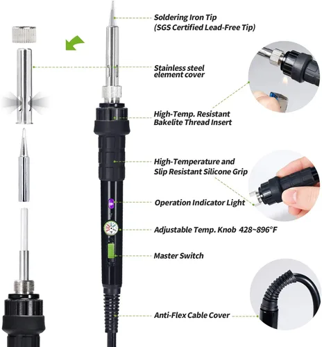 Miniatura 3 de YIHUA 947-III Kit de Soldador de 60W con Temperatura Ajustable con Soporte Adhesivo, Limpiador de Puntas, Esponja de Limpieza, Interruptor