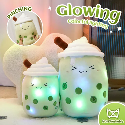 Miniatura 5 de Almohada de peluche de té Boba Matcha con luz LED de 10 pulgadas, kawaii, animal de peluche suave con burbujas, juguete con luces LED, regalo
