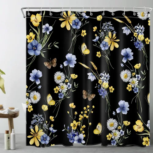 Miniatura 18 de EOBTAIN Cortina de ducha floral de acuarela para baño, margaritas y mariposas sobre tela beige con 10 ganchos, juego de cortinas de baño rústicas