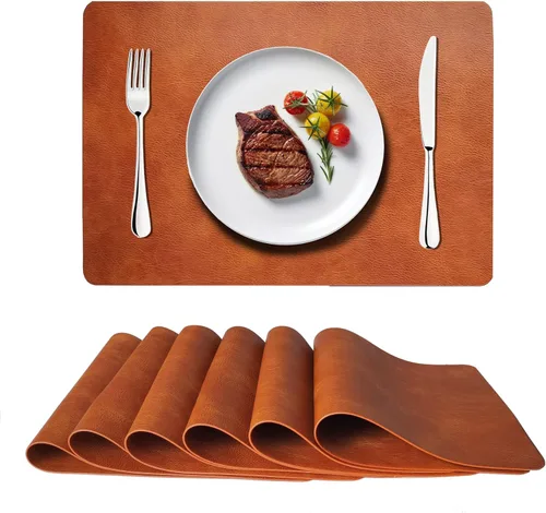 Miniatura 12 de Juego de 6 manteles individuales de piel sintética con patrón de piel vaca, resistentes al calor, decoraciones antideslizantes para mesa de comedor