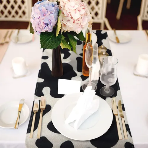 Miniatura 3 de Kingdder 2 piezas de camino de mesa de lino con estampado de vaca, mantel de cuero de vaca blanco y negro para fiestas, cocina, granero occidental