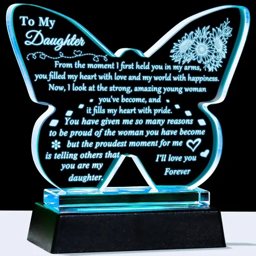 YWHL Regalo para mi Hija de Papá Mamá, Mejores Regalos de Cumpleaños para Hija Adulta, Recuerdo de Vidrio en Forma de Mariposa con Base de Luz