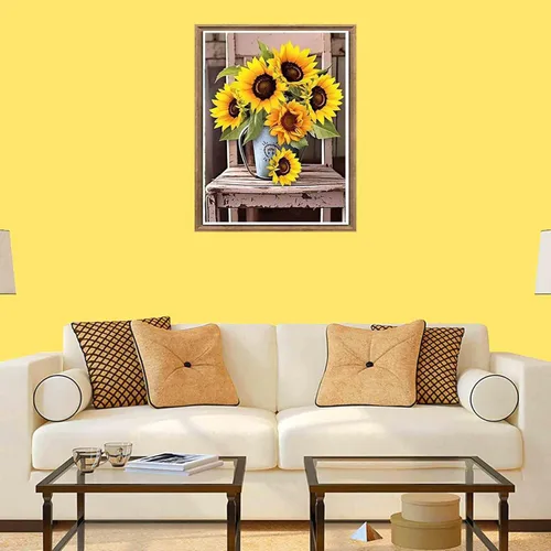 Miniatura 4 de Bimkole Kits de pintura de diamantes 5D, silla de girasol, flores de taladro completo, juego de bordado de diamantes de imitación de pintura