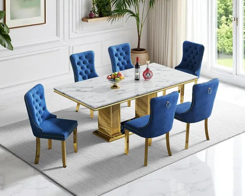 Miniatura 92 de Moderno juego de mesa de comedor de mármol sintético de 68.11 pulgadas para 6, mesa de comedor de mármol blanco y plateado con 6 sillas de Blanco