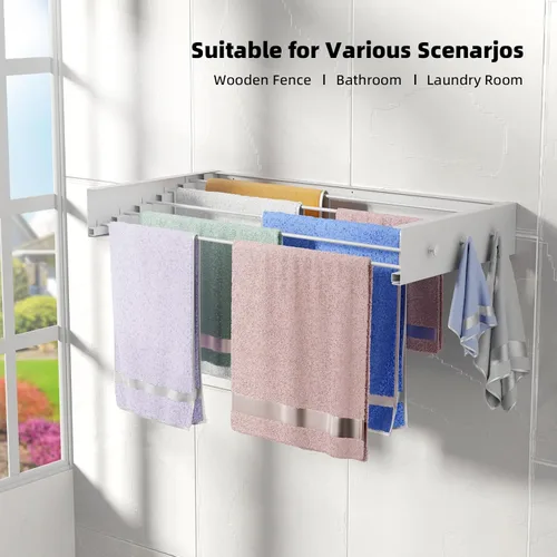 Miniatura 7 de ZMBESUP Mejora Perchero de Secado de Ropa, Perchero de 80 cm de Secado de Ropa Montado en la Pared, Plegable, 5 Varillas de Aluminio con 6 Ganchos