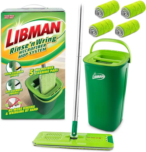 Libman Rinse 'n Wring - Sistema de trapeador y cubeta | Trapeador de piso de microfibra | Limpiador de pisos de madera dura | Trapeador húmedo y