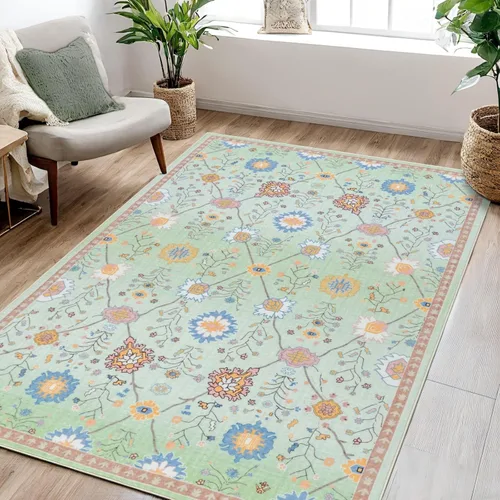 Miniatura 18 de Alfombras de 6 x 9, alfombras grandes lavables con flores estilo boho, alfombra de pelo bajo antideslizante y ultradelgada, alfombra para puerta
