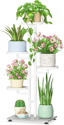 Miniatura 9 de LASZOLA Soporte para plantas de 5 niveles alto de madera y metal para interiores para macetas de servicio pesado, estante vertical grande