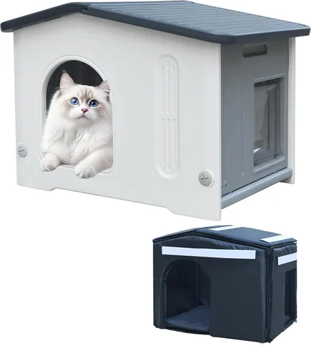 Miniatura 14 de Casa para gatos al aire libre, resistente a la intemperie, casas de plástico para gatos con puerta de escape, 2 pisos para interiores, impermeable