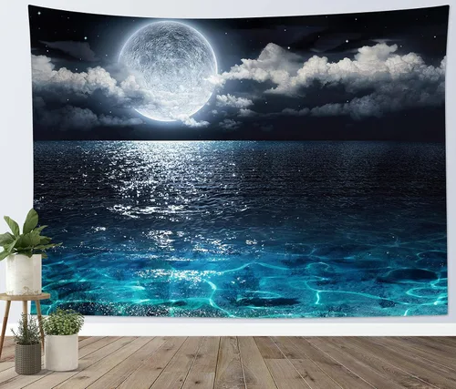 Miniatura 16 de LB Tapiz de cielo nocturno, luna llena en el mar, tapiz para colgar en la pared, tapiz de nube blanca de fantasía, tapiz de acuarela, arte de pared