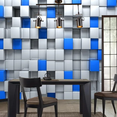 Miniatura 5 de FLFK Papel tapiz autoadhesivo 3D de bloques azules y blancos, murales de pared para despegar y pegar, póster grande para sala de estar, dormitorio
