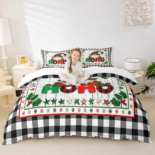 Miniatura 42 de Juego de funda de edredón para niños con diseño de Navidad, tamaño individual, camiones rojos y árboles de pino con copos de nieve, decoración