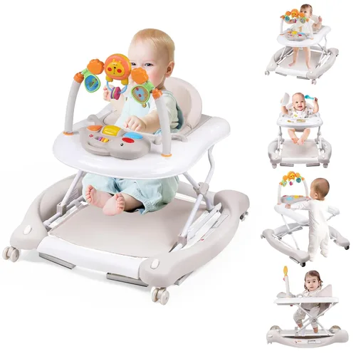 Miniatura 11 de Andador de bebé, 5 en 1 para niños y niñas de 6 a 12 meses con gorila, reposapiés extraíble, bandeja de alimentación y música, caminador de C-gris