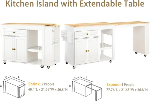 Miniatura 5 de Isla de cocina de 77.8 pulgadas con mesa extensible, isla de cocina rodante con armario de almacenamiento, cajones, estante para especias, toallero