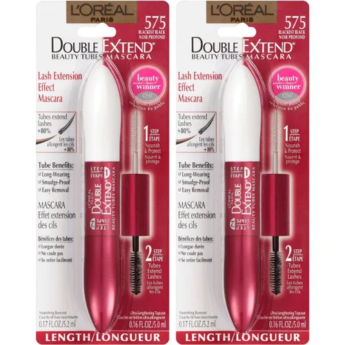 Miniatura 2 de L'Oreal Paris - Máscara de pestañas de doble extensión con tubo, máscara de alargamiento de 2 pasos, a prueba de manchas, negro más negro, paquete