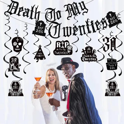 Miniatura 6 de Decoraciones de Death to My 20 – 14 piezas negras para decoración de fiesta de cumpleaños de 30 años, pancarta colgante de remolinos rasgados a mis