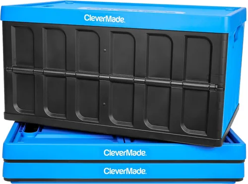 CleverMade Contenedores de almacenamiento plegables con tapas, color azul Neptuno, paquete de 3 unidades de 46 litros, contenedores de plástico