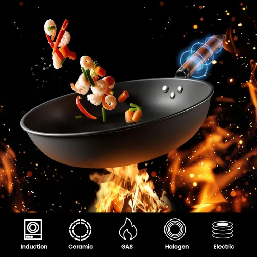 Miniatura 7 de Placa de Inducción para Wok de 1700W con Wok de Acero al Carbono Nitrurado de 13.4", Fondo Redondo y Compatible con Sartén Plana, Juego de Wok